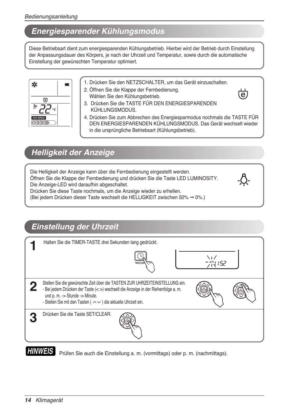 Hinweis, Energiesparender kühlungsmodus, Helligkeit der anzeige | Einstellung der uhrzeit | LG CC07AWV User Manual | Page 94 / 381