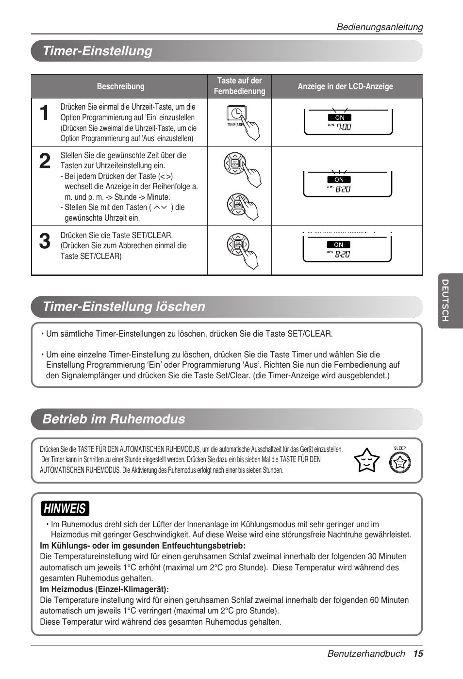 Hinweis, Timer-einstellung löschen timer-einstellung, Betrieb im ruhemodus | LG CC07AWV User Manual | Page 95 / 381