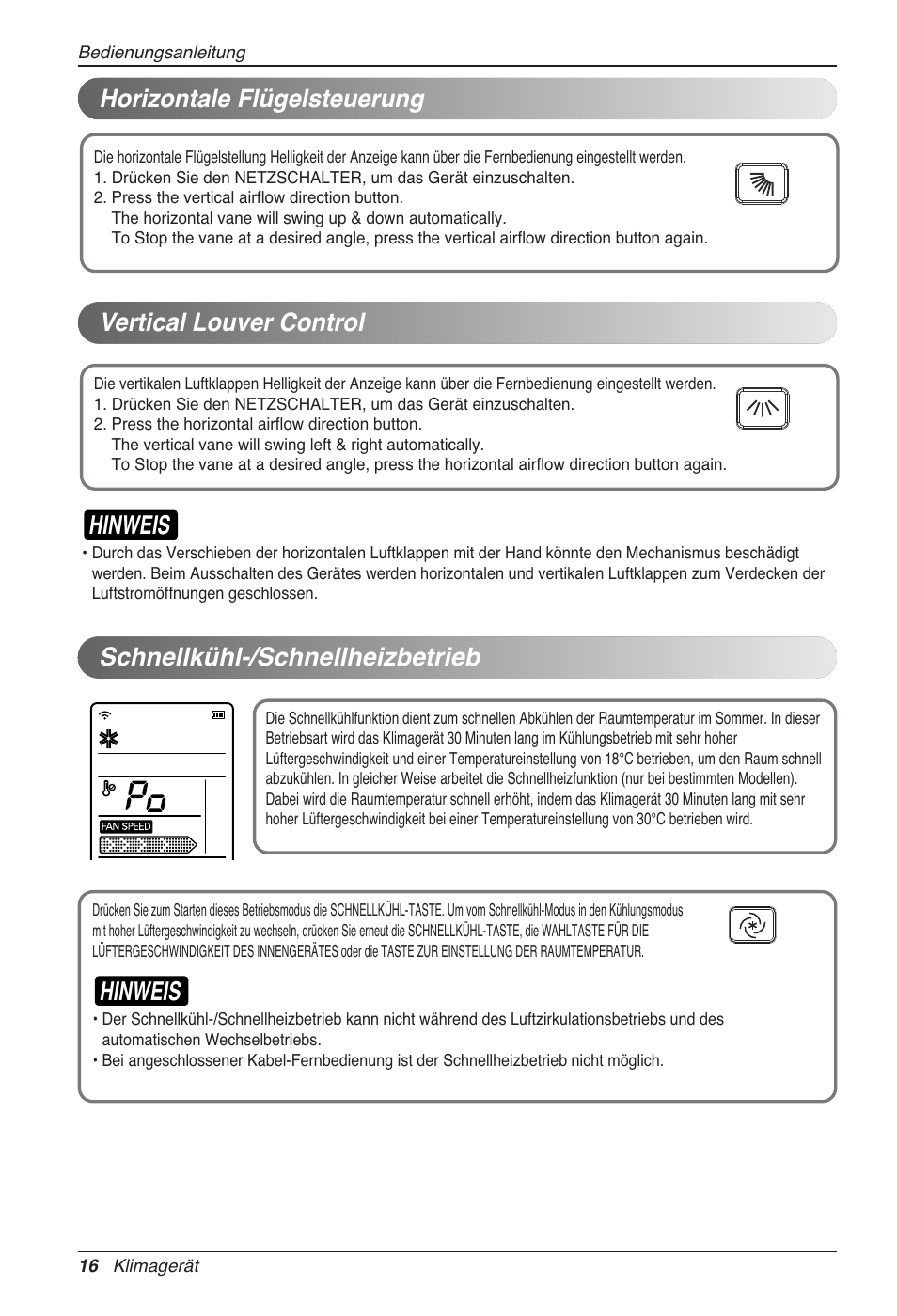 Hinweis, Schnellkühl-/schnellheizbetrieb | LG CC07AWV User Manual | Page 96 / 381