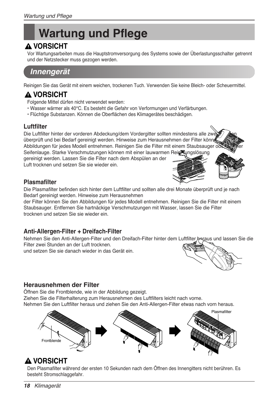 Wartung und pflege, Vorsicht, Innengerät | LG CC07AWV User Manual | Page 98 / 381