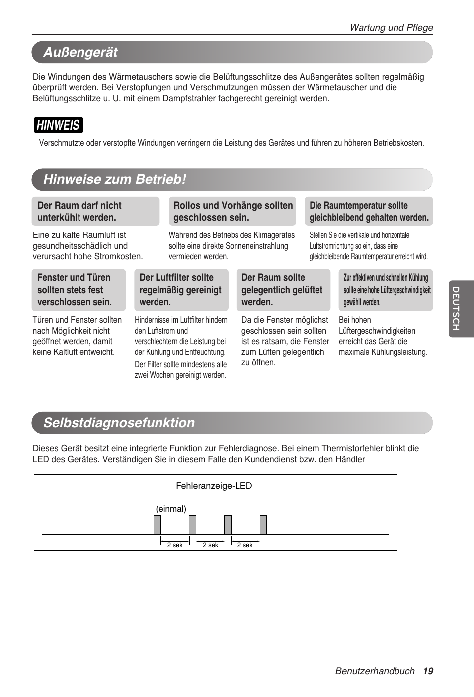 Hinweis, Außengerät, Hinweise zum betrieb! selbstdiagnosefunktion | LG CC07AWV User Manual | Page 99 / 381