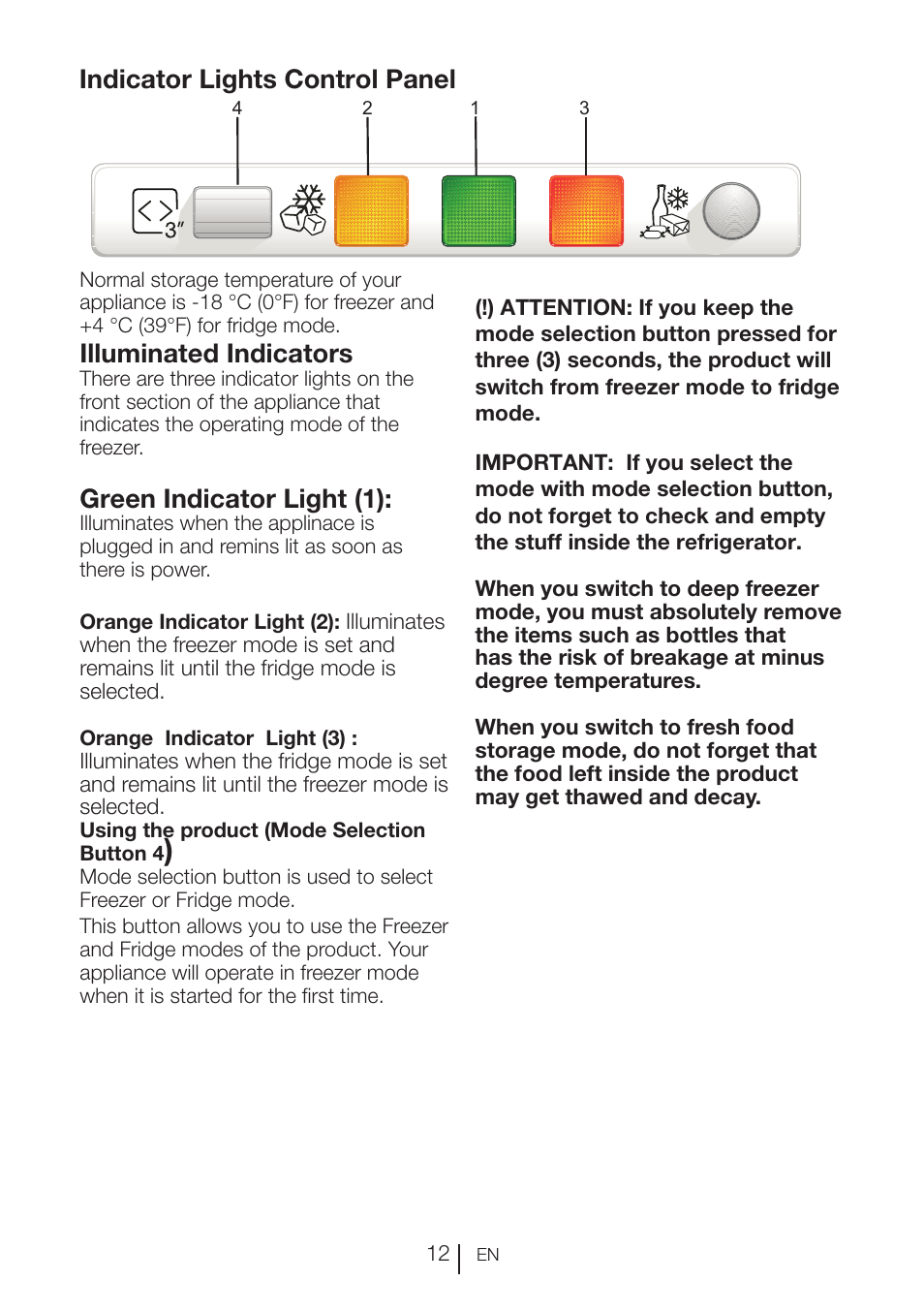 Indicator lights control panel, Illuminated indicators, Green indicator light (1) | Beko VNE 1002 User Manual | Page 13 / 92