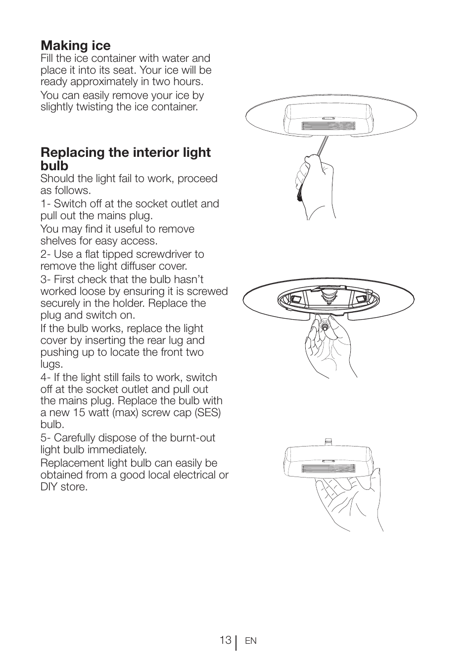 Replacing the interior light bulb, Making ice | Beko VNE 1002 User Manual | Page 14 / 92