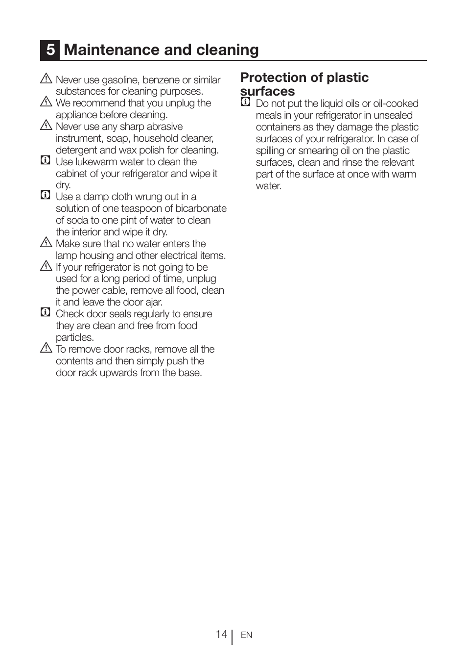 5maintenance and cleaning, Protection of plastic surfaces c | Beko VNE 1002 User Manual | Page 15 / 92