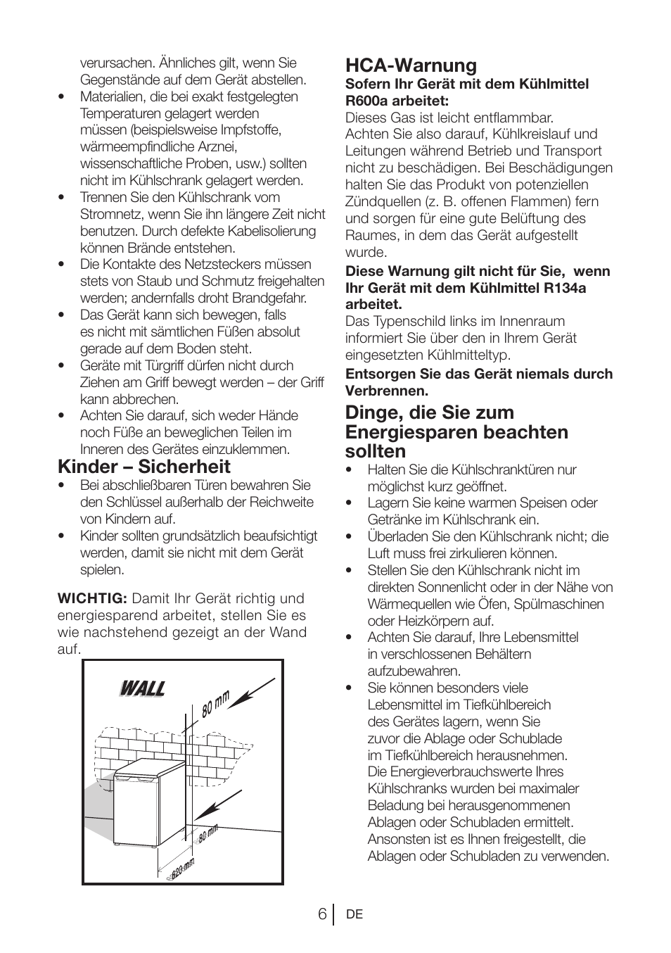 Hca-warnung, Kinder – sicherheit, Dinge, die sie zum energiesparen beachten sollten | Beko VNE 1002 User Manual | Page 24 / 92