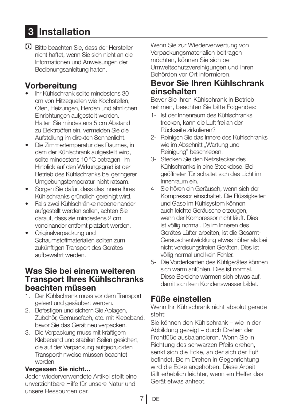 3installation, Vorbereitung, Bevor sie ihren kühlschrank einschalten | Füße einstellen | Beko VNE 1002 User Manual | Page 25 / 92