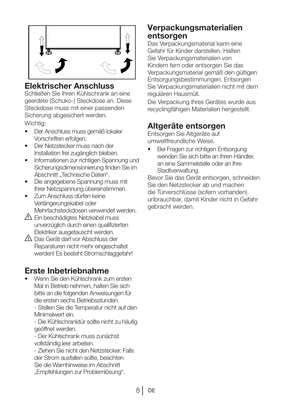 Verpackungsmaterialien entsorgen, Altgeräte entsorgen, Elektrischer anschluss | Erste inbetriebnahme | Beko VNE 1002 User Manual | Page 26 / 92