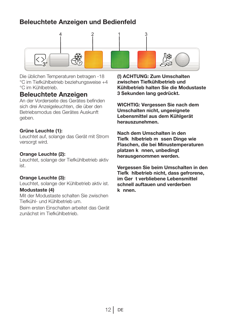 Beleuchtete anzeigen und bedienfeld, Beleuchtete anzeigen | Beko VNE 1002 User Manual | Page 30 / 92