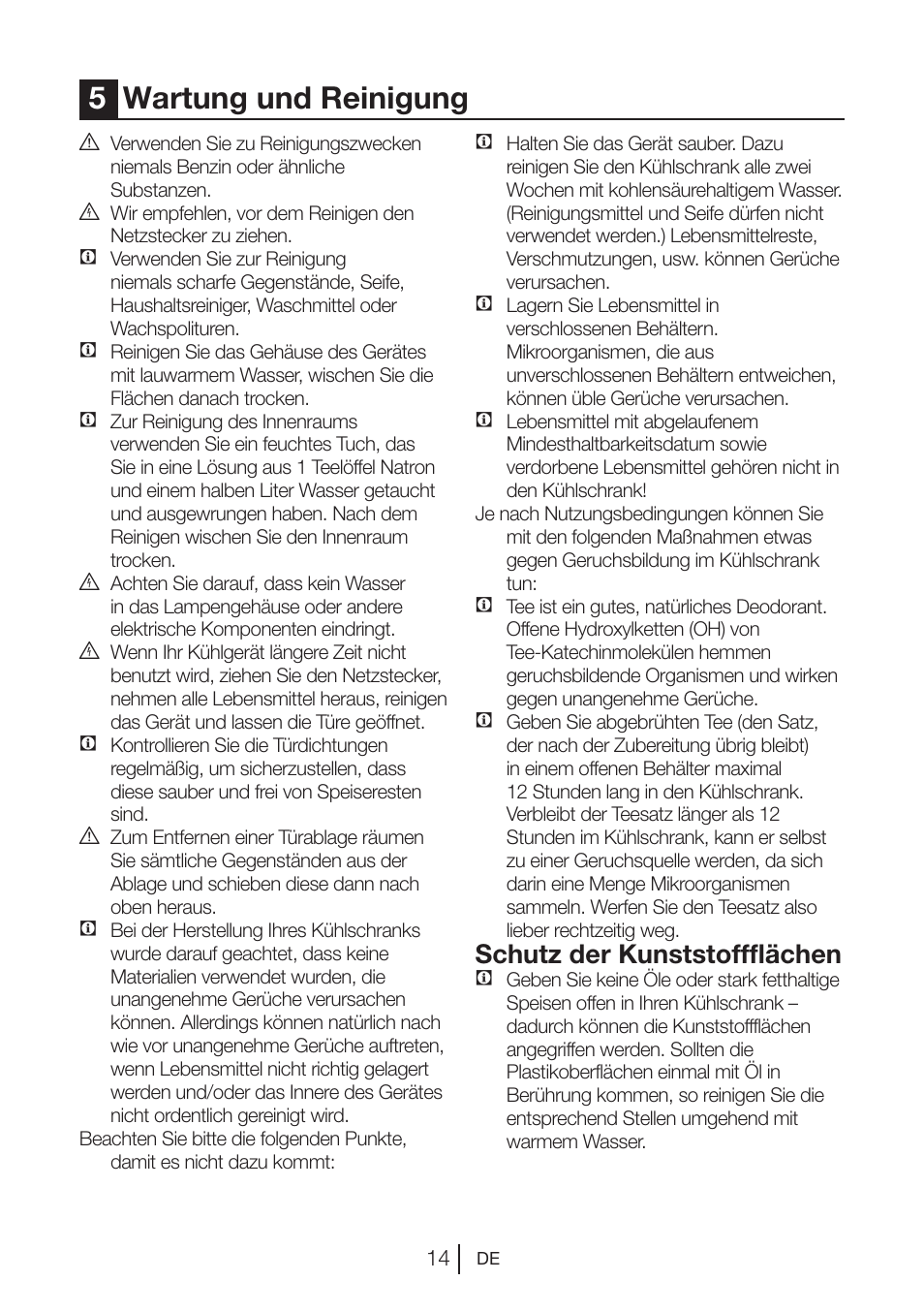 5wartung und reinigung, Schutz der kunststoffflächen | Beko VNE 1002 User Manual | Page 32 / 92