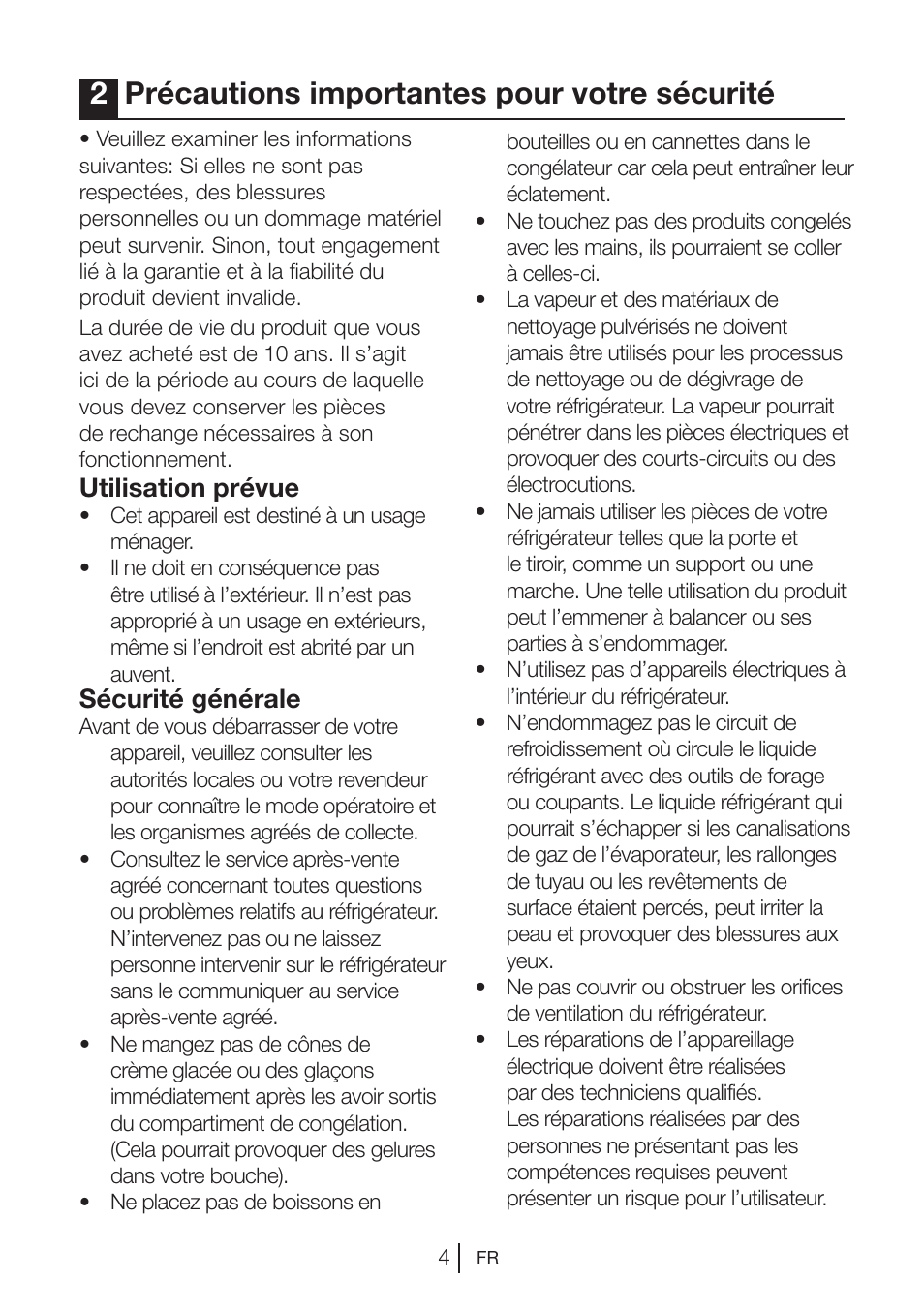 2précautions importantes pour votre sécurité, Utilisation prévue, Sécurité générale | Beko VNE 1002 User Manual | Page 40 / 92