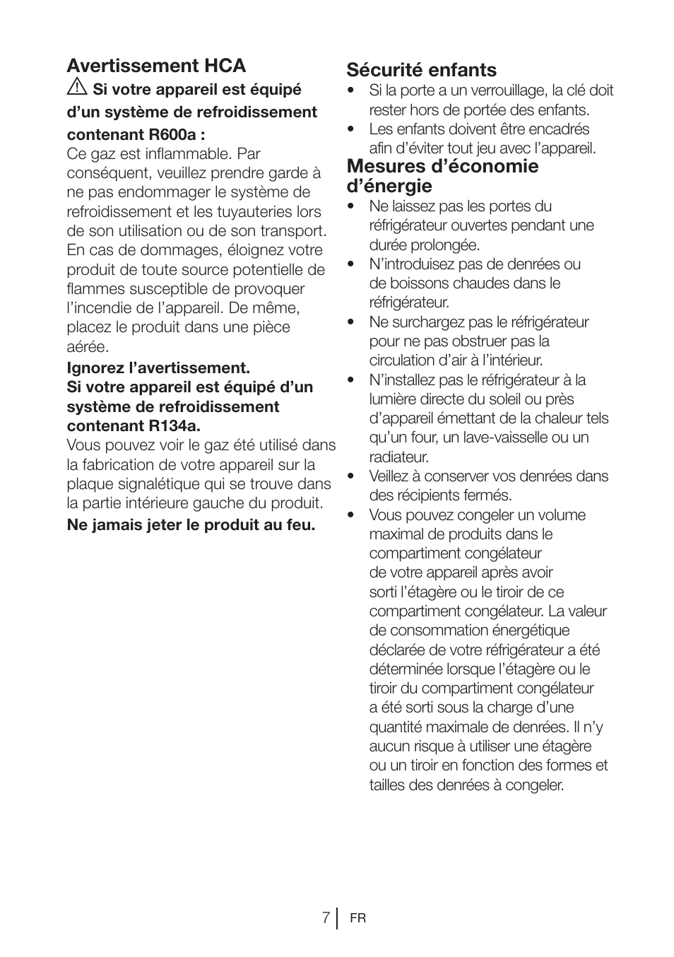 Avertissement hca, Sécurité enfants, Mesures d’économie d’énergie | Beko VNE 1002 User Manual | Page 43 / 92