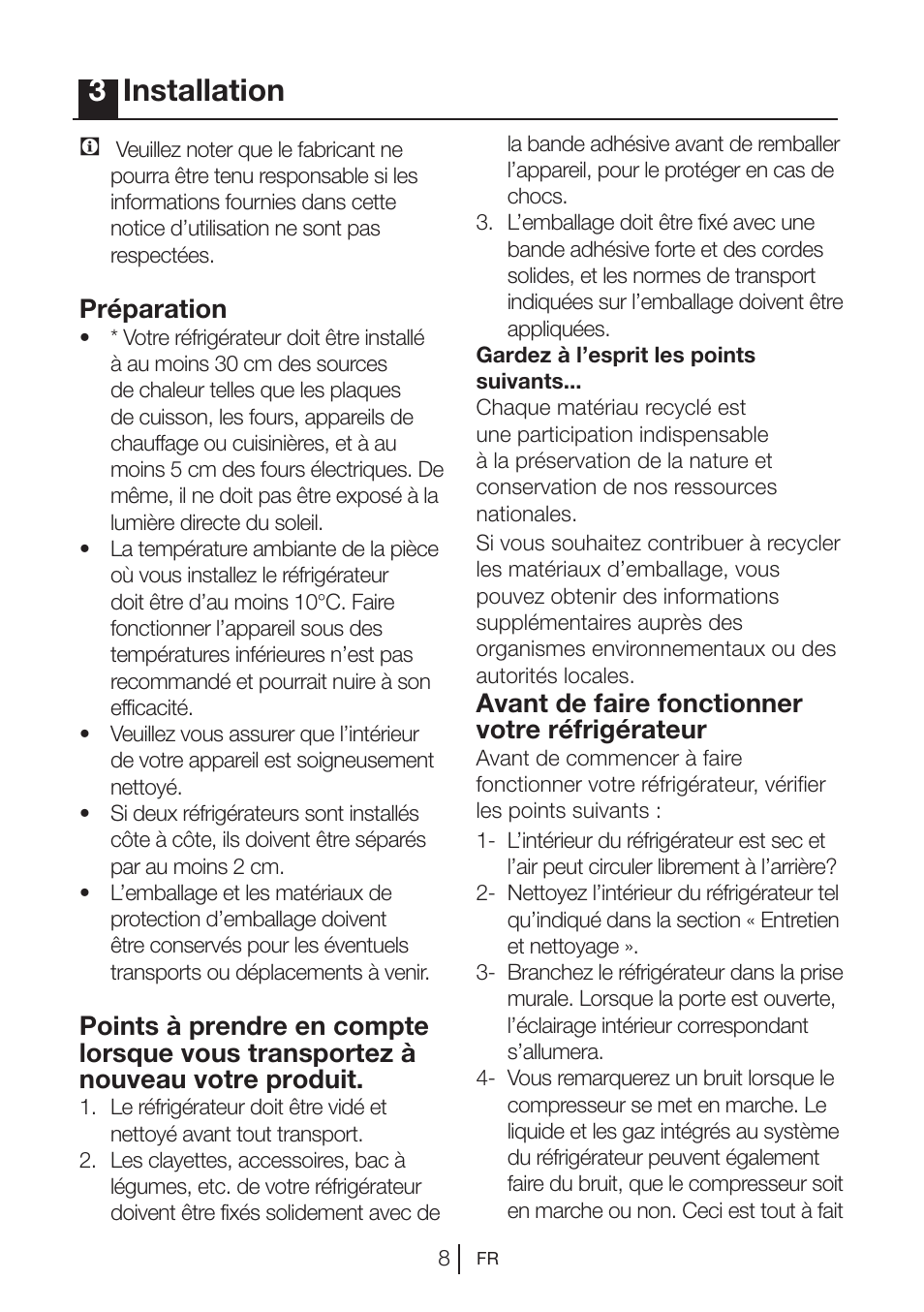 3installation, Préparation, Avant de faire fonctionner votre réfrigérateur | Beko VNE 1002 User Manual | Page 44 / 92
