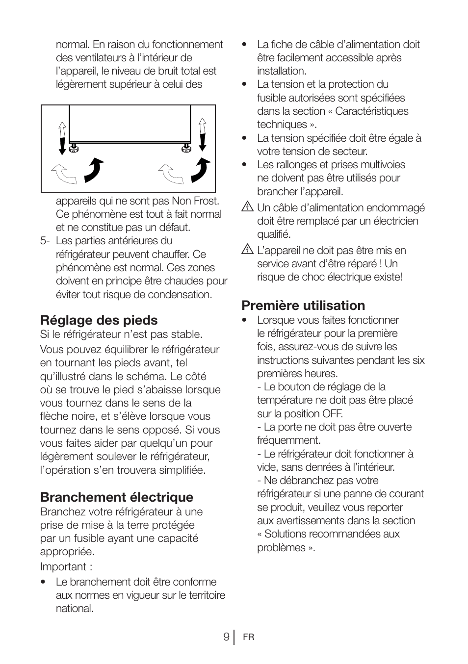 Première utilisation, Réglage des pieds, Branchement électrique | Beko VNE 1002 User Manual | Page 45 / 92