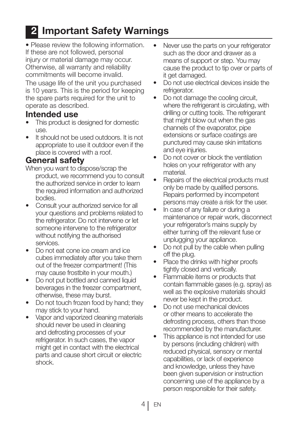 2important safety warnings, Intended use, General safety | Beko VNE 1002 User Manual | Page 5 / 92