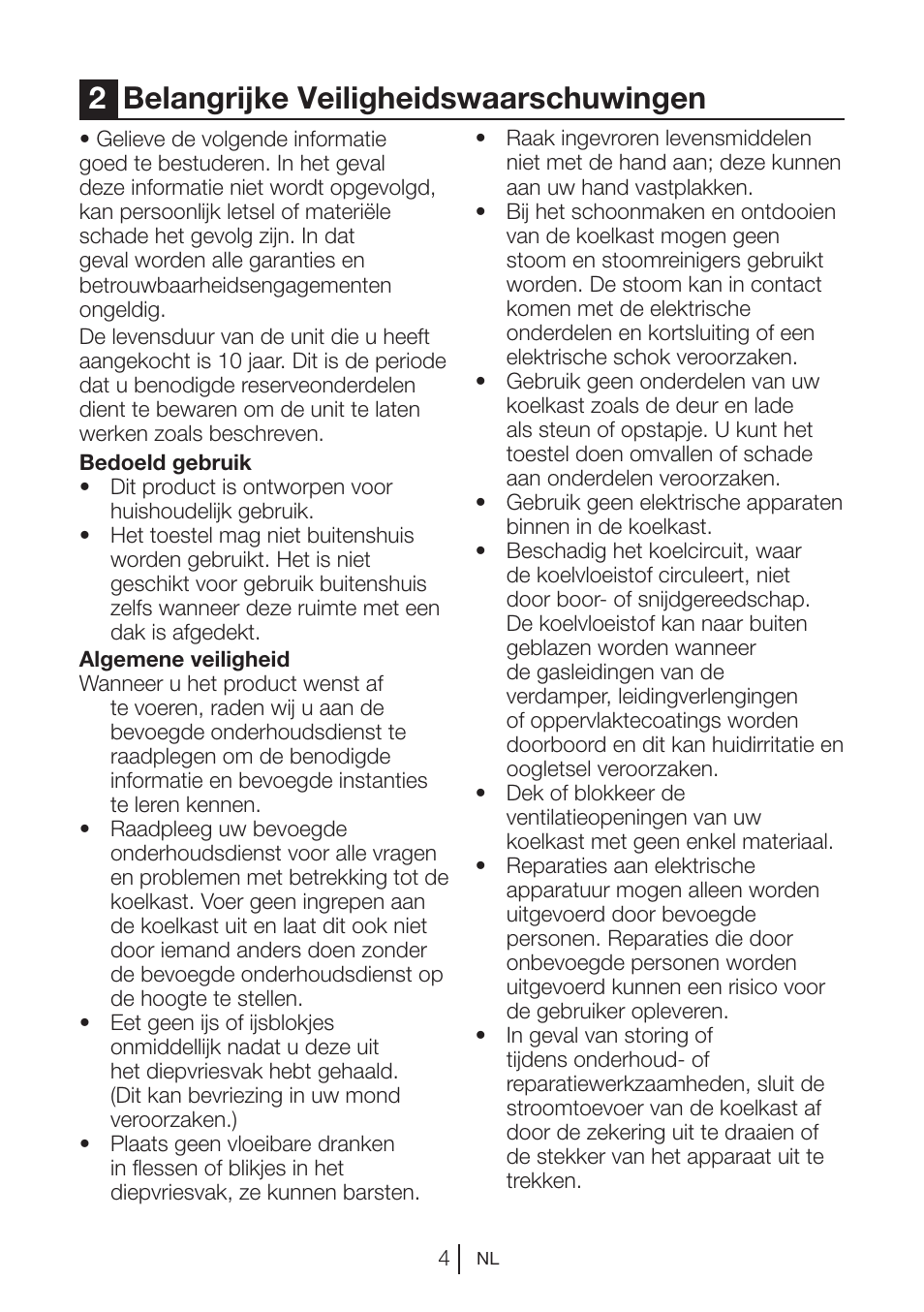 2belangrijke veiligheidswaarschuwingen | Beko VNE 1002 User Manual | Page 60 / 92