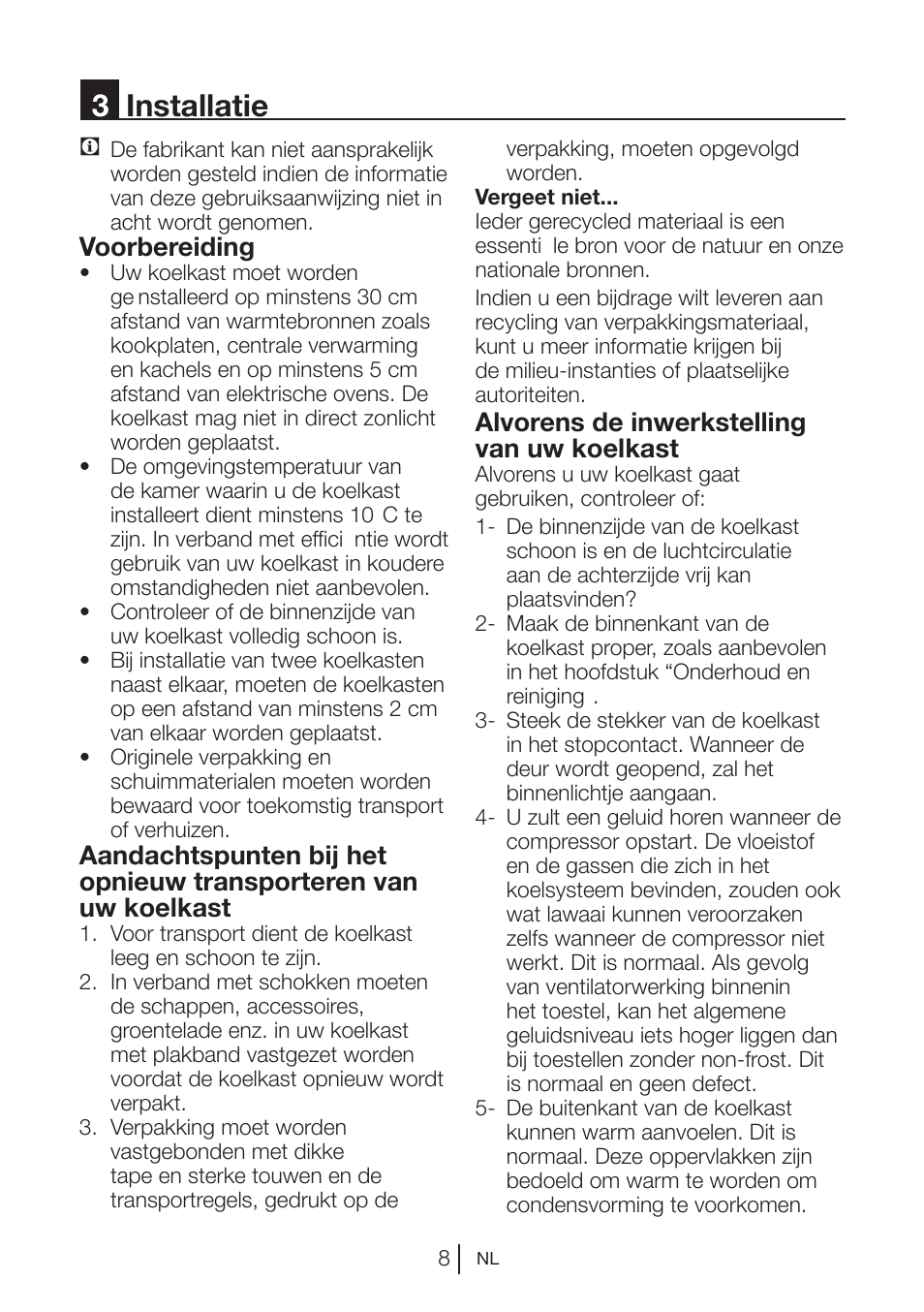 3installatie, Voorbereiding, Alvorens de inwerkstelling van uw koelkast | Beko VNE 1002 User Manual | Page 64 / 92
