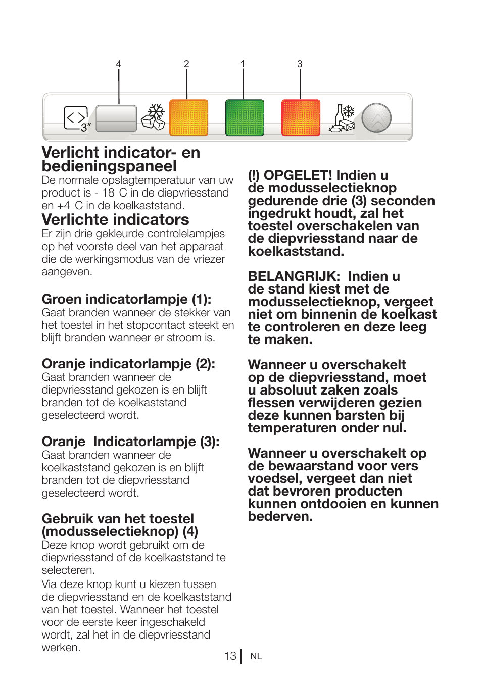 Verlicht indicator- en bedieningspaneel, Verlichte indicators | Beko VNE 1002 User Manual | Page 69 / 92