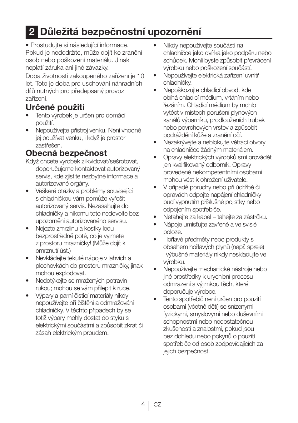 2důležitá bezpečnostní upozornění, Určené použití, Obecná bezpečnost | Beko VNE 1002 User Manual | Page 78 / 92