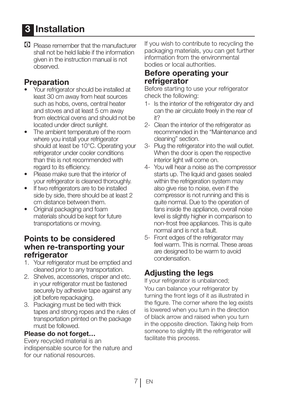 3installation, Preparation, Before operating your refrigerator | Adjusting the legs | Beko VNE 1002 User Manual | Page 8 / 92