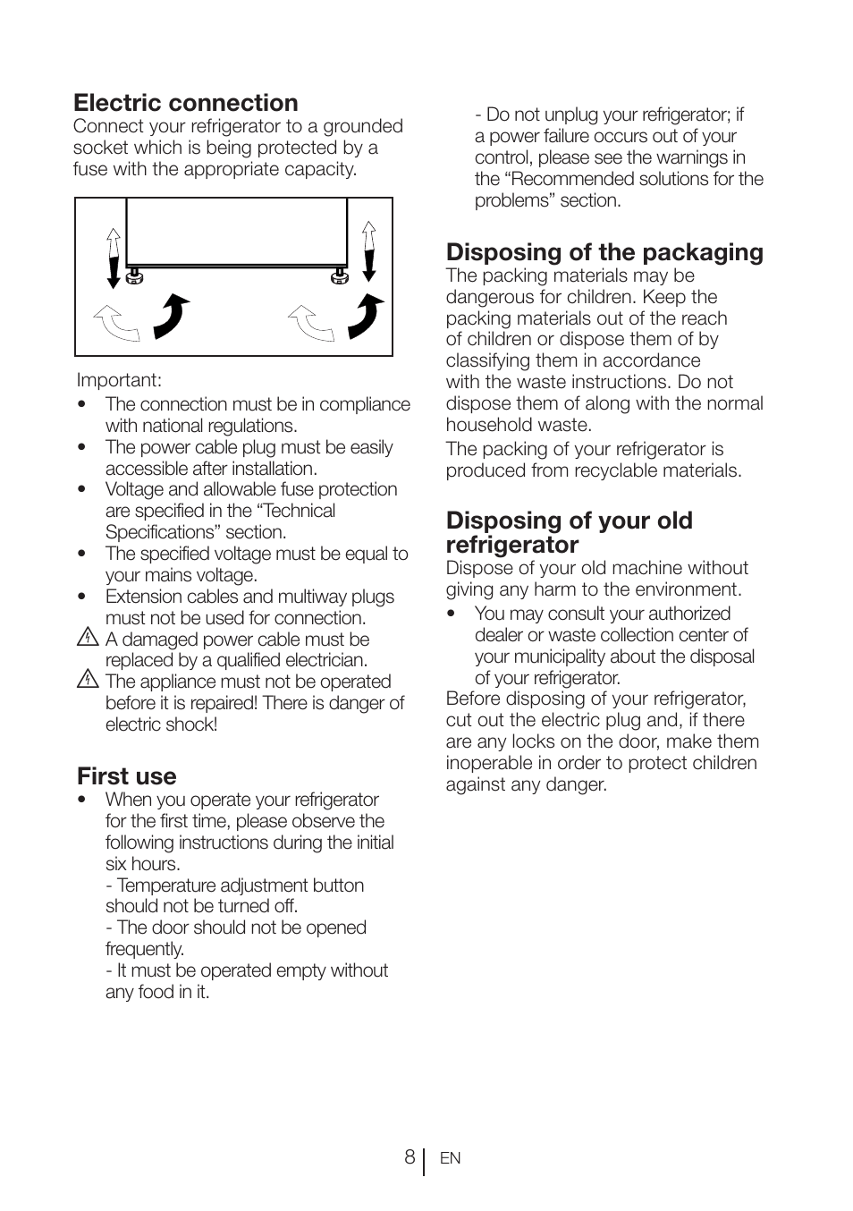 Electric connection, Disposing of the packaging, Disposing of your old refrigerator | First use | Beko VNE 1002 User Manual | Page 9 / 92