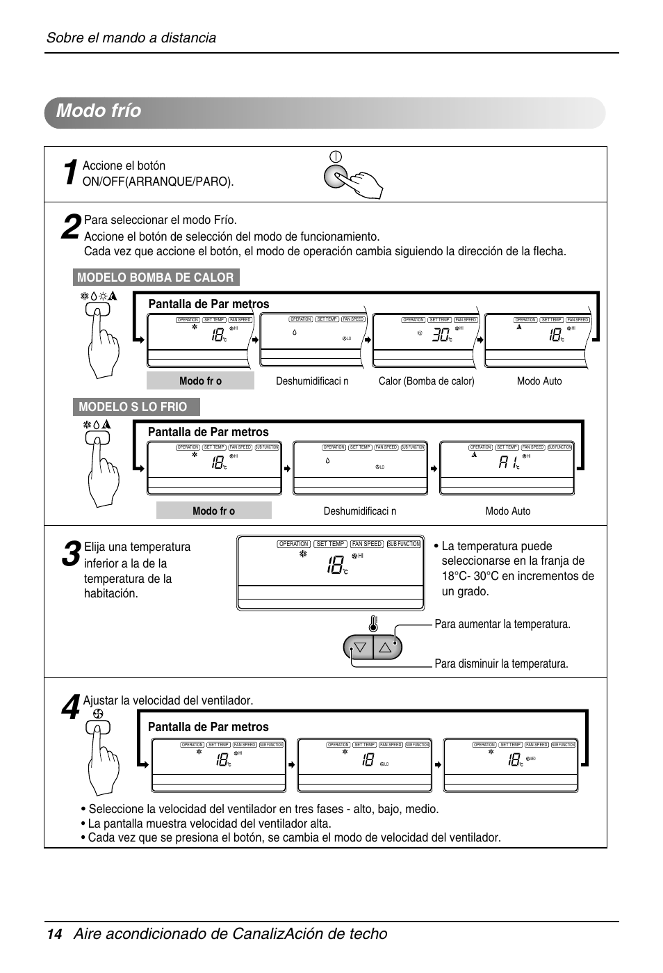 Modo frío, Aire acondicionado de canalización de techo, Sobre el mando a distancia 14 | Modelo s lo frio, Pantalla de par metros, Modelo bomba de calor, Accione el botón on/off(arranque/paro), Ajustar la velocidad del ventilador, Modo fr o deshumidificaci n, Modo auto | LG B36AC User Manual | Page 14 / 33