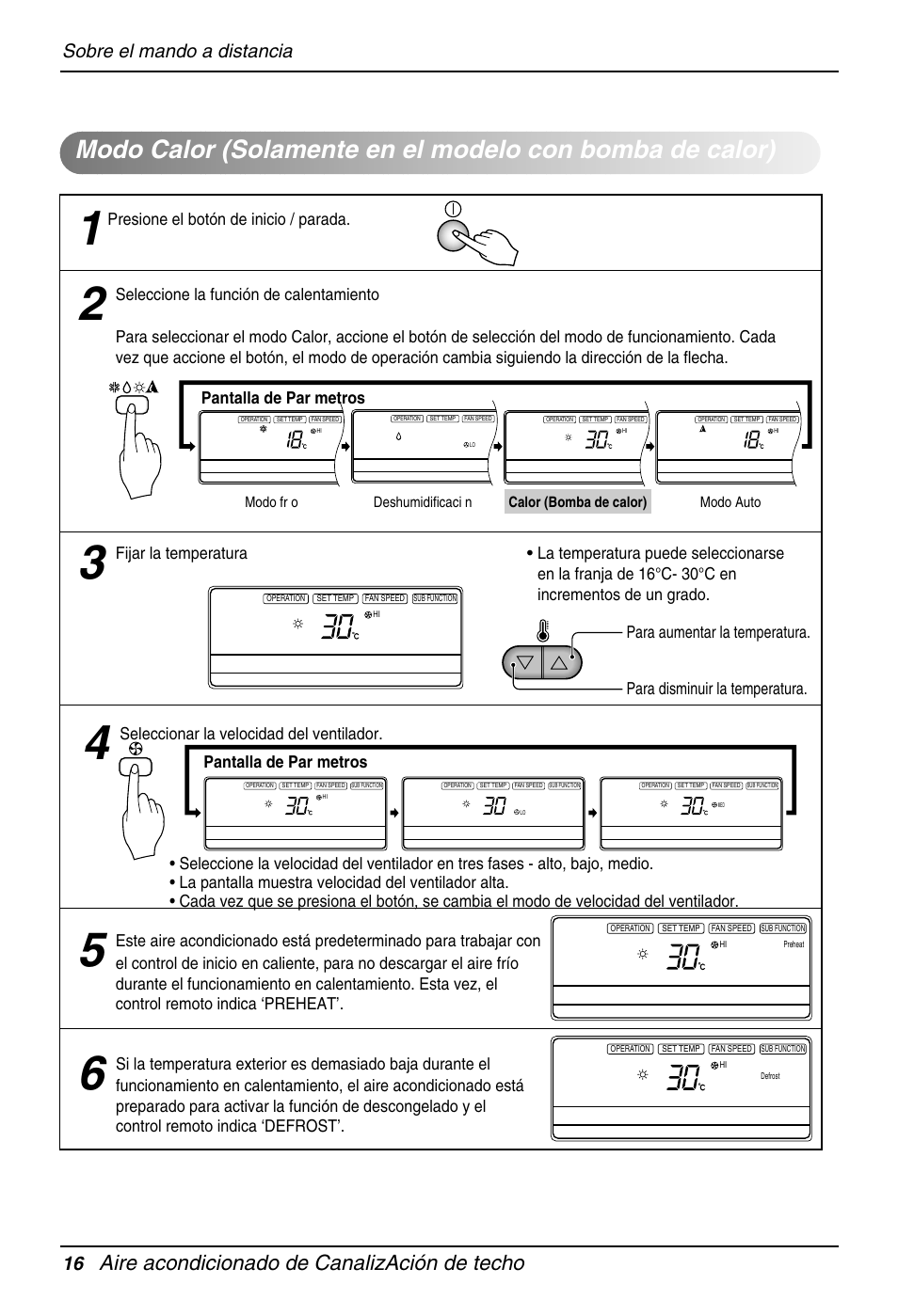 Aire acondicionado de canalización de techo, Sobre el mando a distancia 16, Pantalla de par metros | Fijar la temperatura, Seleccionar la velocidad del ventilador | LG B36AC User Manual | Page 16 / 33