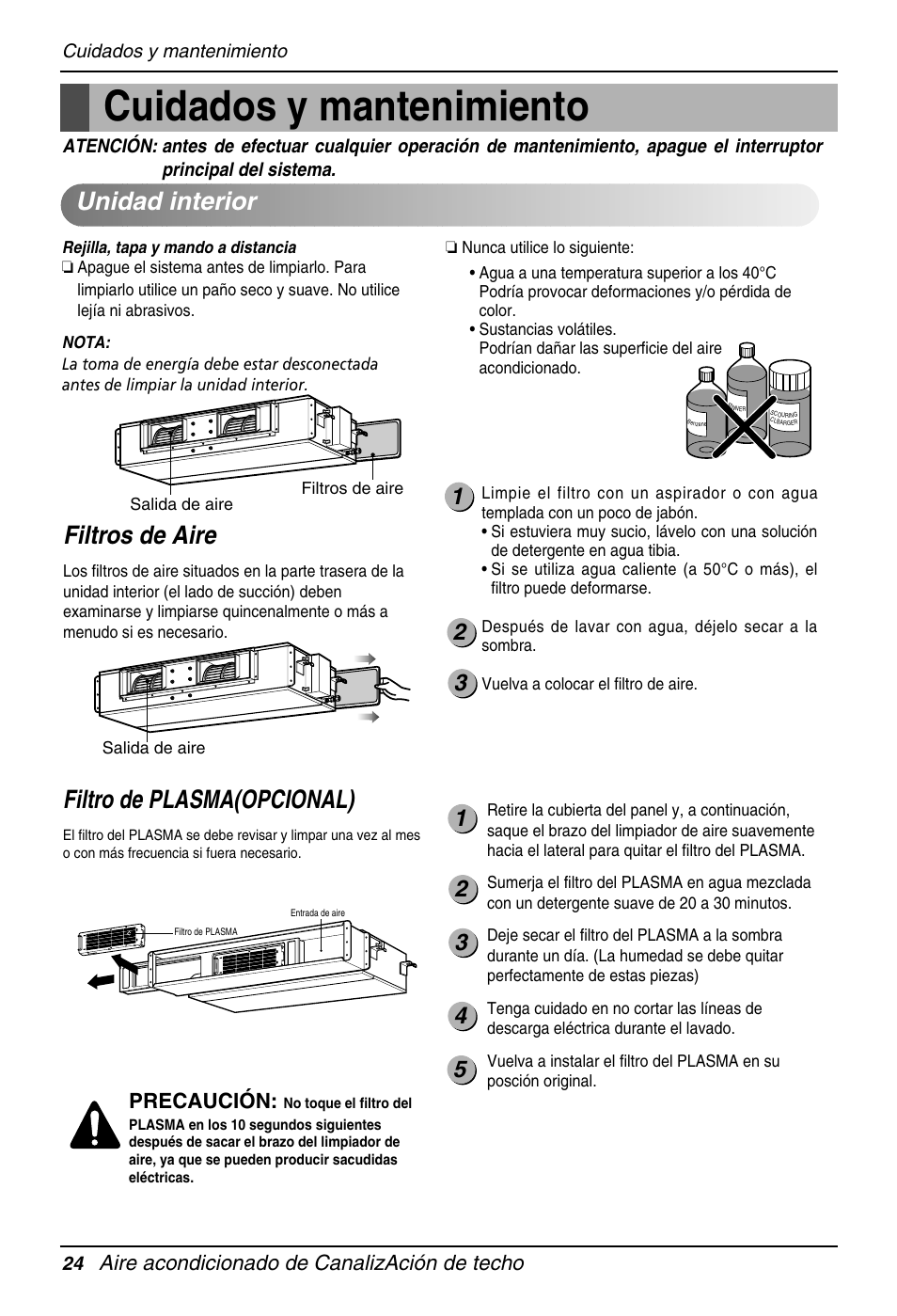 Cuidados y mantenimiento, Unidad interior, Filtros de aire | Filtro de plasma(opcional), Aire acondicionado de canalización de techo, Precaución | LG B36AC User Manual | Page 24 / 33