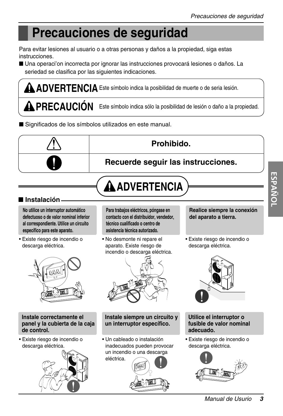 Precauciones de seguridad, Advertencia, Advertencia precaución | Español, Prohibido. recuerde seguir las instrucciones | LG B36AC User Manual | Page 3 / 33