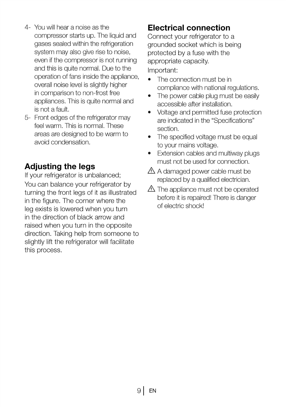 Adjusting the legs, Electrical connection | Beko B 1901 User Manual | Page 10 / 60