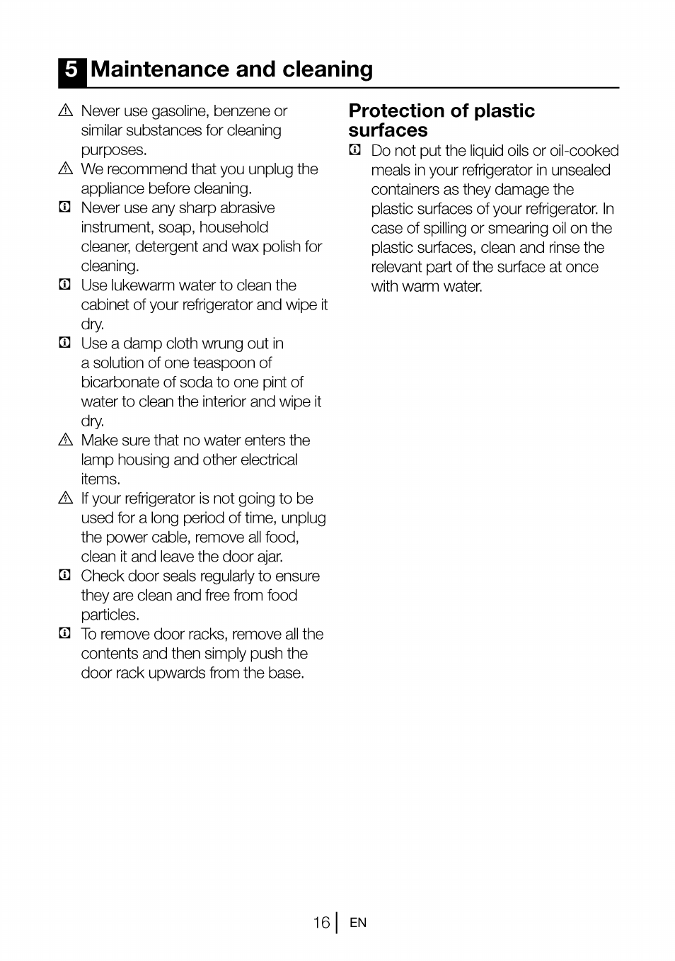 Maintenance and cleaning, Protection of plastic surfaces | Beko B 1901 User Manual | Page 17 / 60