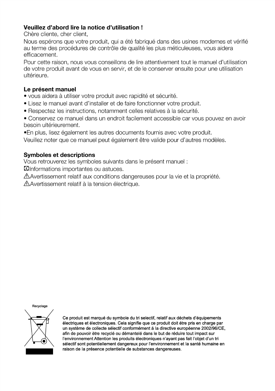 Veuillez d’abord lire la notice d’utilisation, Le présent manuel, Symboles et descriptions | Beko B 1901 User Manual | Page 22 / 60