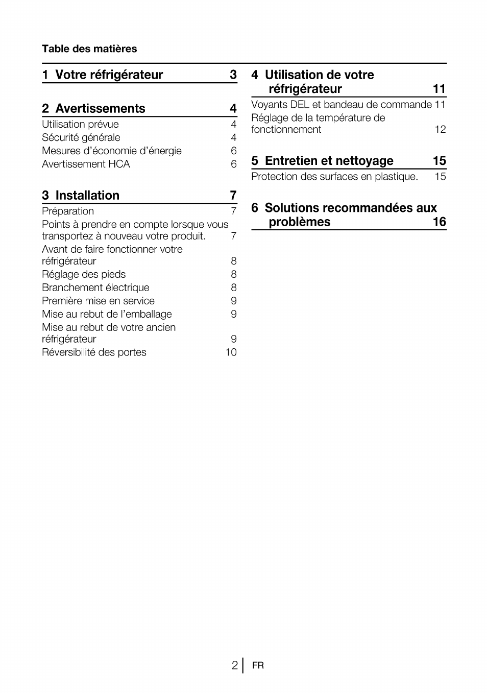 1 votre réfrigérateur 3 2 avertissements 4, 3 installation 7, Utilisation de votre réfrigérateur | 5 entretien et nettoyage 15, 6 solutions recommandées aux problèmes | Beko B 1901 User Manual | Page 23 / 60