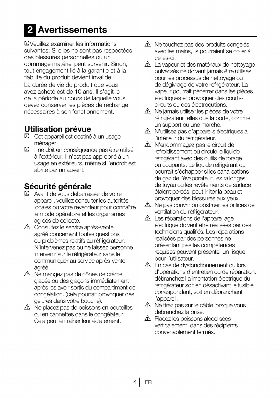 Avertissements, Utilisation prévue, Sécurité générale | Beko B 1901 User Manual | Page 25 / 60