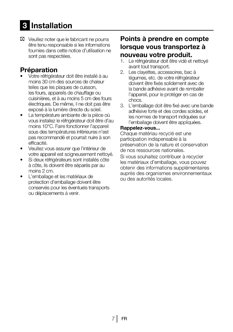 Installation, Préparation, Points à prendre en compte lorsque vous | Transportez à nouveau votre produit | Beko B 1901 User Manual | Page 28 / 60