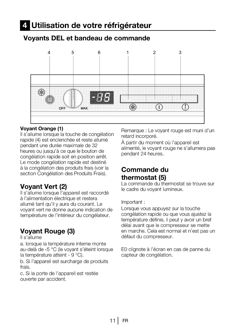 Utilisation de votre réfrigérateur, Voyants del et bandeau de commande, Voyant vert (2) | Voyant rouge (3), Commande du thermostat (5) | Beko B 1901 User Manual | Page 32 / 60