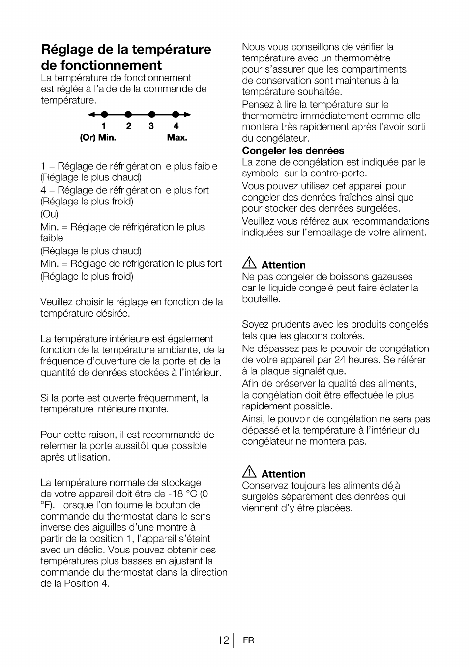 Réglage de la température de fonctionnement, A attention | Beko B 1901 User Manual | Page 33 / 60