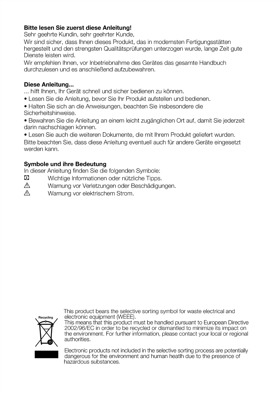 Bitte lesen sie zuerst diese anleitung, Diese anleitung, Symbole und ihre bedeutung | Beko B 1901 User Manual | Page 41 / 60