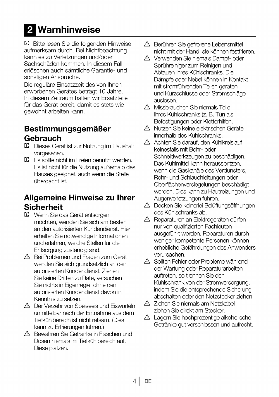 Warnhinweise, Bestimmungsgemäßer, Gebrauch | Allgemeine hinweise zu ihrer sicherheit, Bestimmungsgemäßer gebrauch, 4| de | Beko B 1901 User Manual | Page 44 / 60