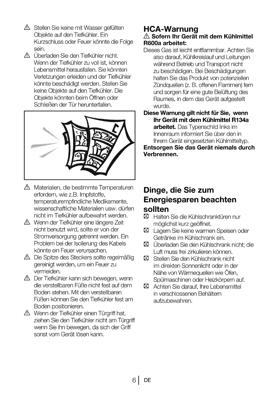 Hca-warnung, Dinge, die sie zum energiesparen beachten sollten, 6| de | Beko B 1901 User Manual | Page 46 / 60