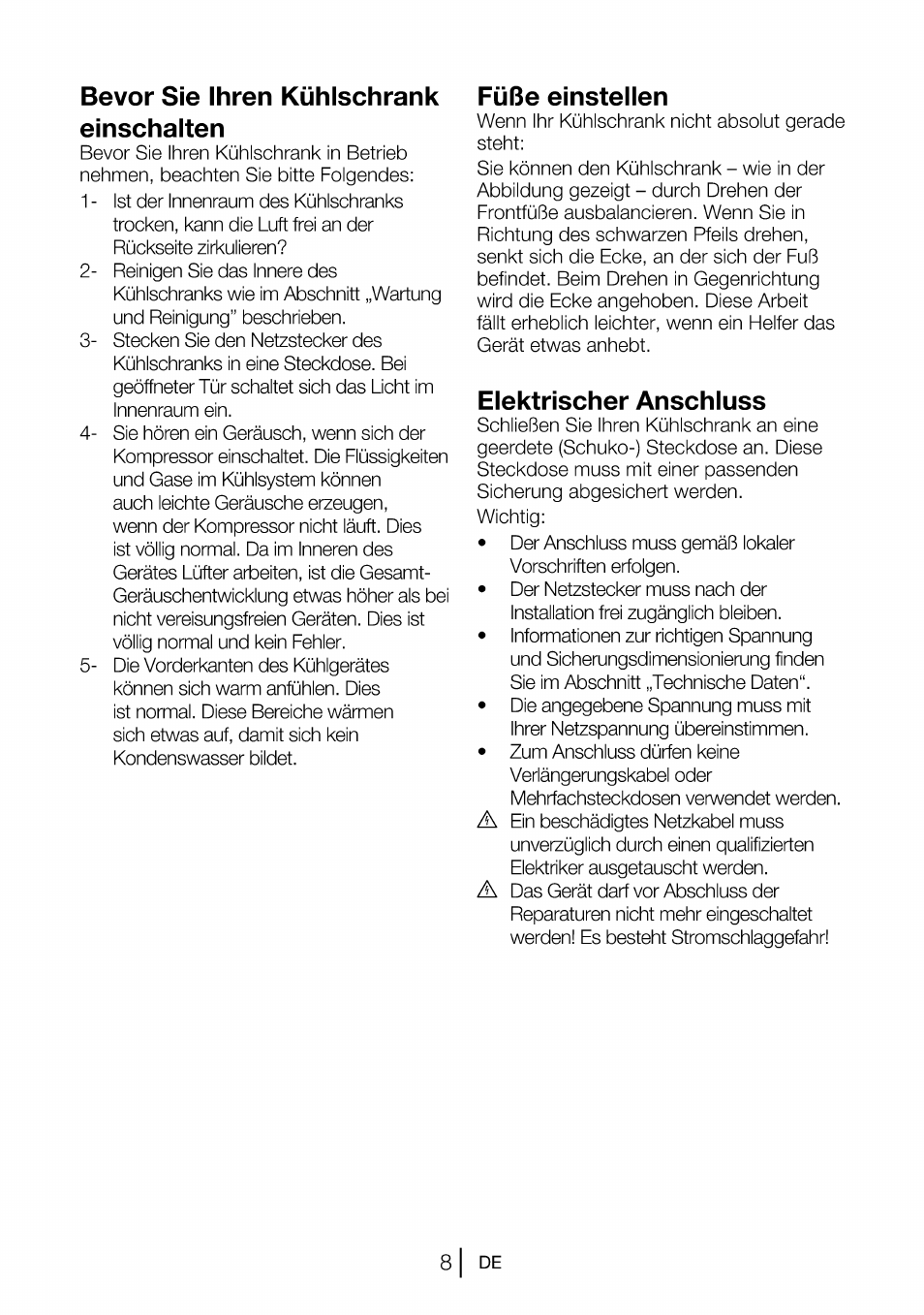 Bevor sie ihren kühlschrank einschalten, Füße einstellen, Elektrischer anschluss | Bevor sie ihren kühlschrank einschalten 8, 8| de | Beko B 1901 User Manual | Page 48 / 60