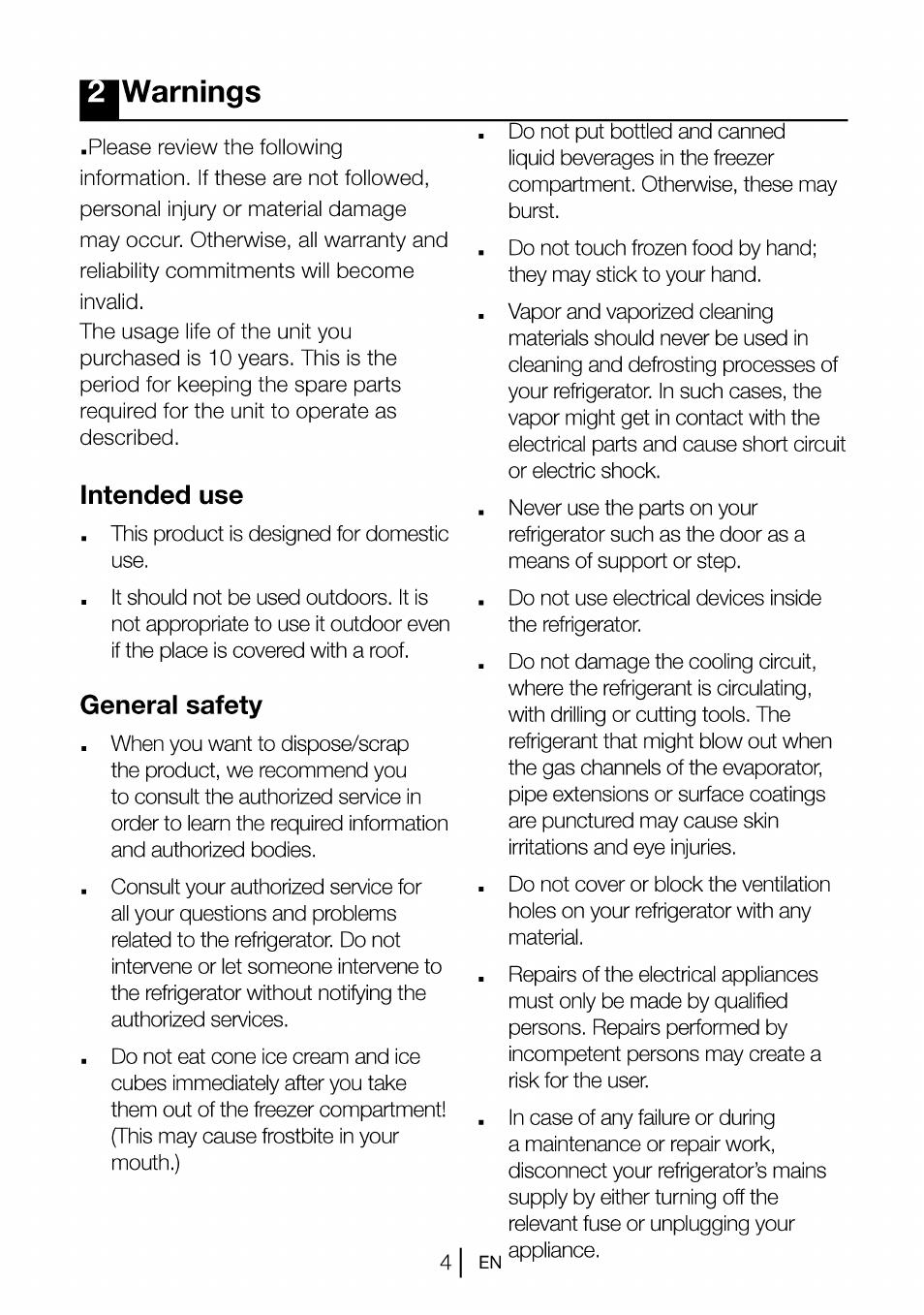 Warnings, Intended use, General safety | 2 warnings | Beko B 1901 User Manual | Page 5 / 60