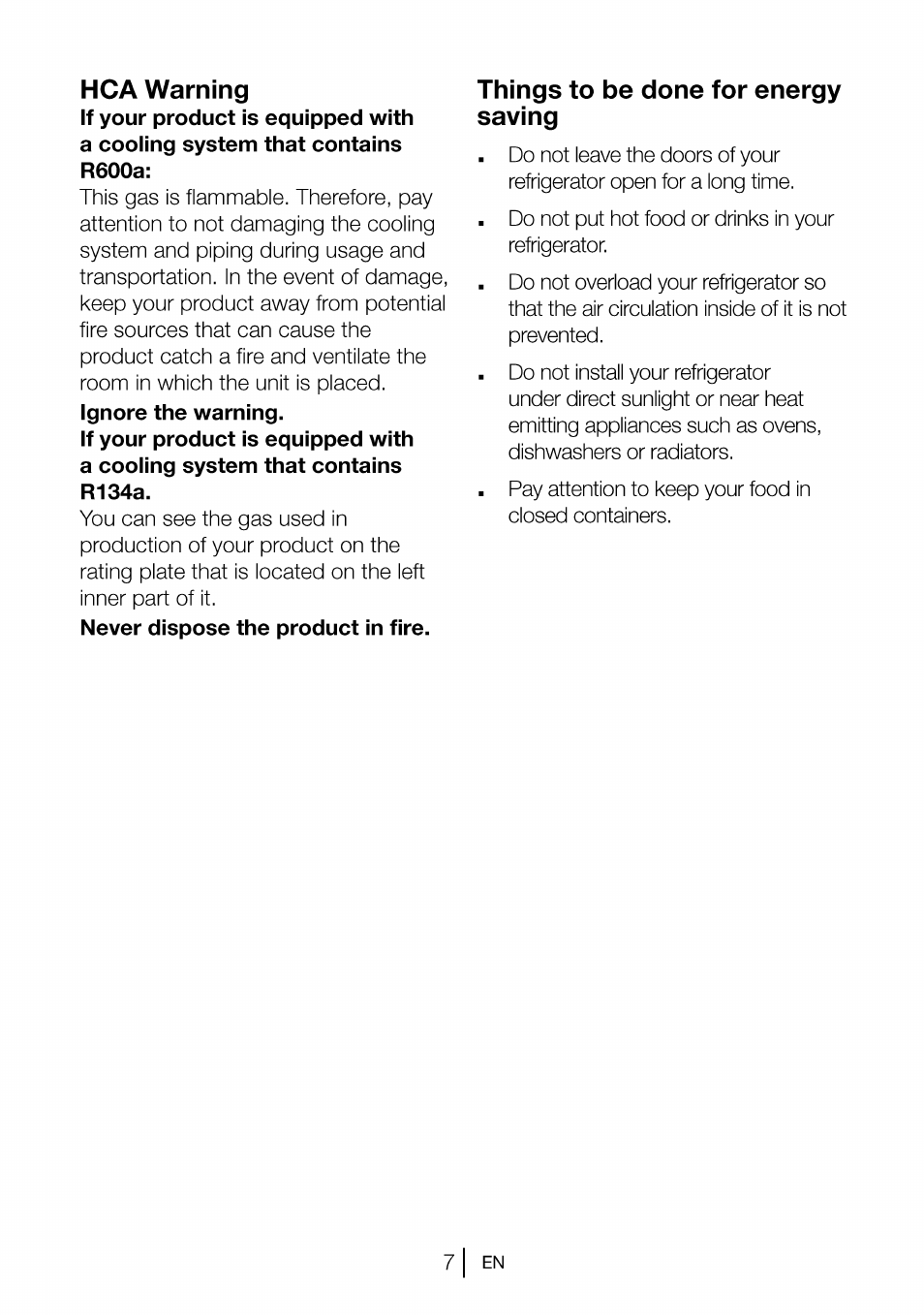 Things to be done for energy saving, Hca warning | Beko B 1901 User Manual | Page 8 / 60
