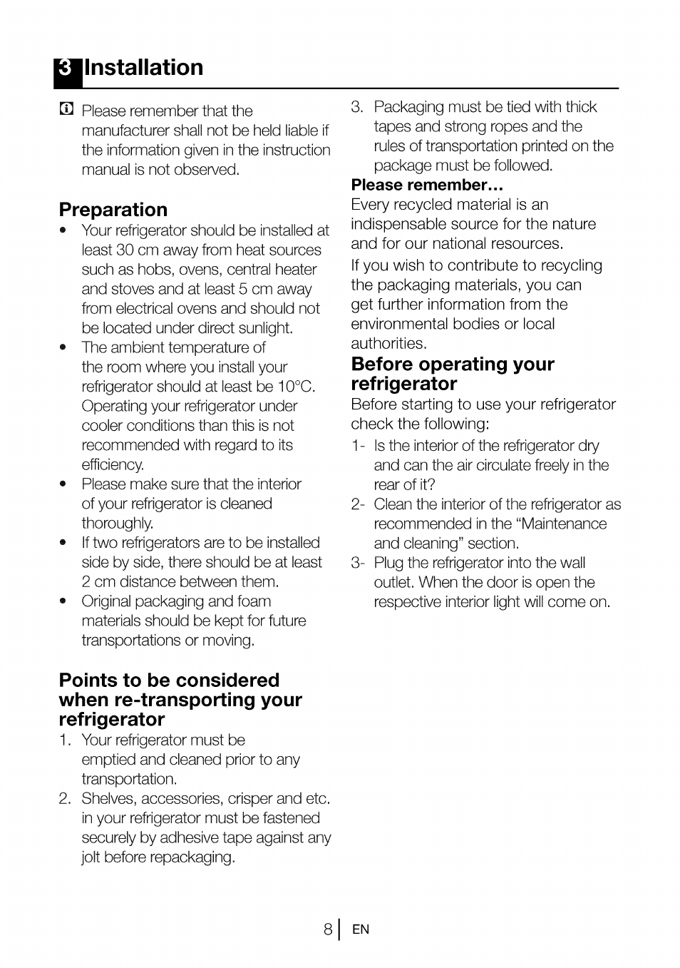 Installation, Preparation, Before operating your refrigerator | 3 installation, Transportlng your refrigerator, 8 i en | Beko B 1901 User Manual | Page 9 / 60