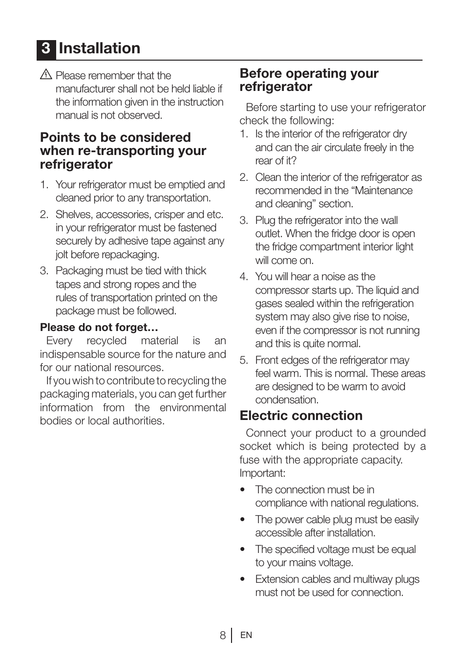 3installation, Before operating your refrigerator, Electric connection | Beko BU 1201 User Manual | Page 11 / 202