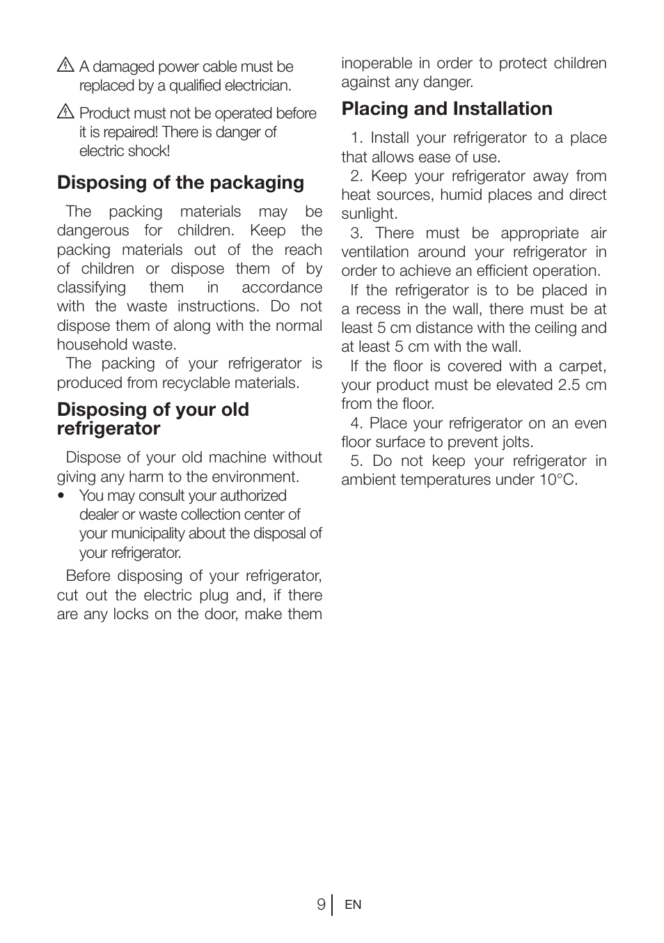 Disposing of the packaging, Disposing of your old refrigerator, Placing and installation | Beko BU 1201 User Manual | Page 12 / 202
