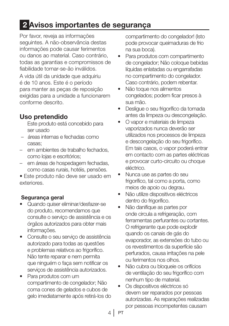 2avisos importantes de segurança, Uso pretendido | Beko BU 1201 User Manual | Page 126 / 202