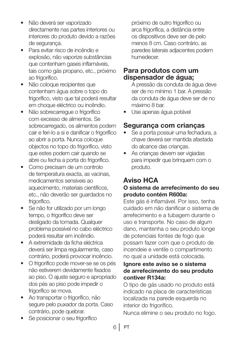Para produtos com um dispensador de água, Segurança com crianças, Aviso hca | Beko BU 1201 User Manual | Page 128 / 202