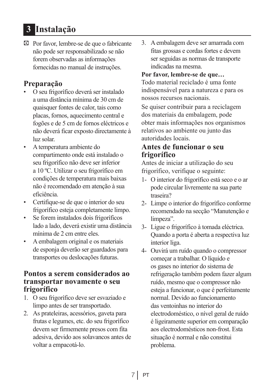 3instalação, Preparação, Antes de funcionar o seu frigorífico | Beko BU 1201 User Manual | Page 129 / 202