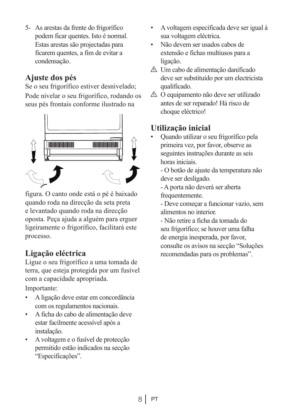 Ajuste dos pés, Ligação eléctrica, Utilização inicial | Beko BU 1201 User Manual | Page 130 / 202