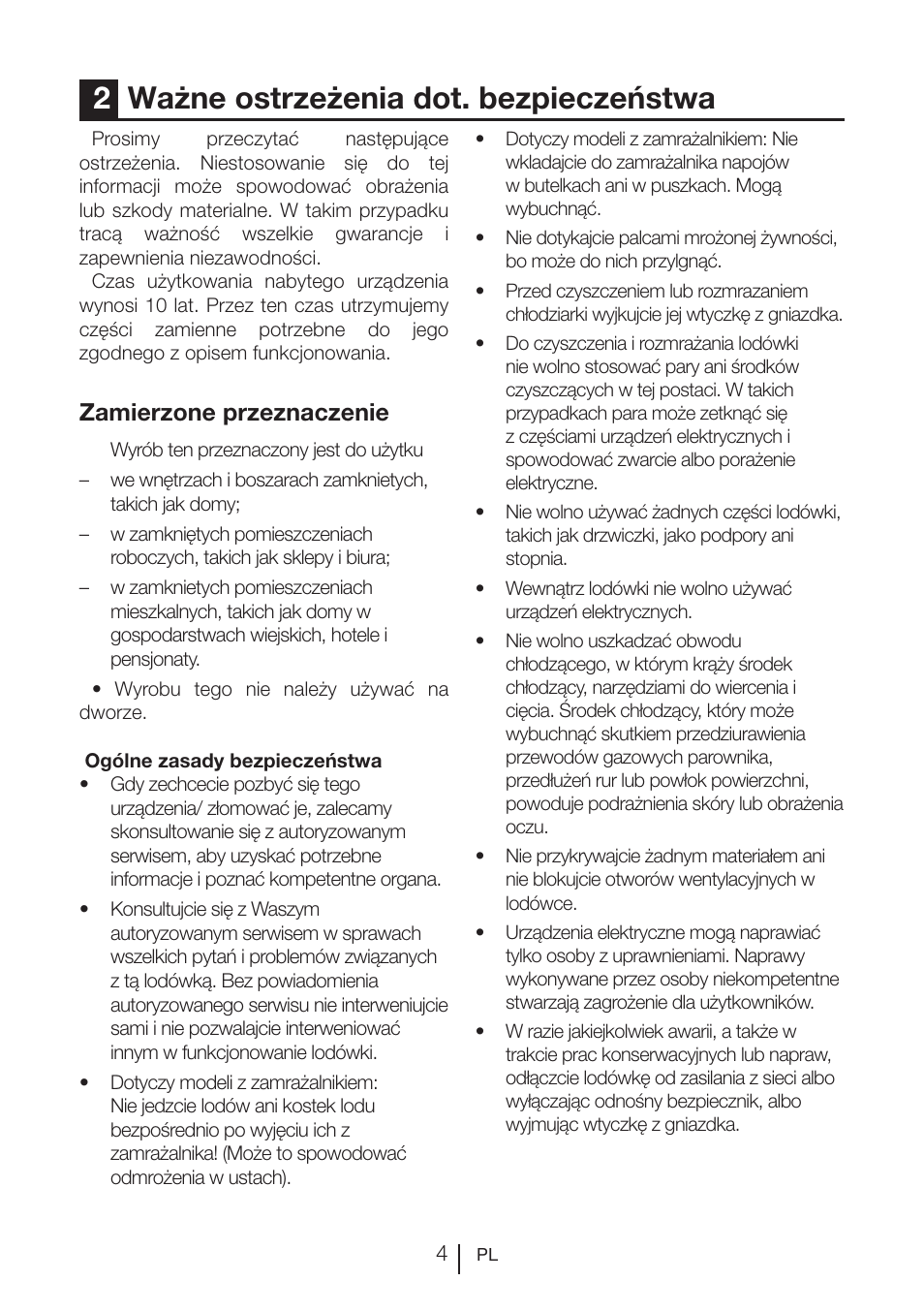2ważne ostrzeżenia dot. bezpieczeństwa, Zamierzone przeznaczenie | Beko BU 1201 User Manual | Page 143 / 202